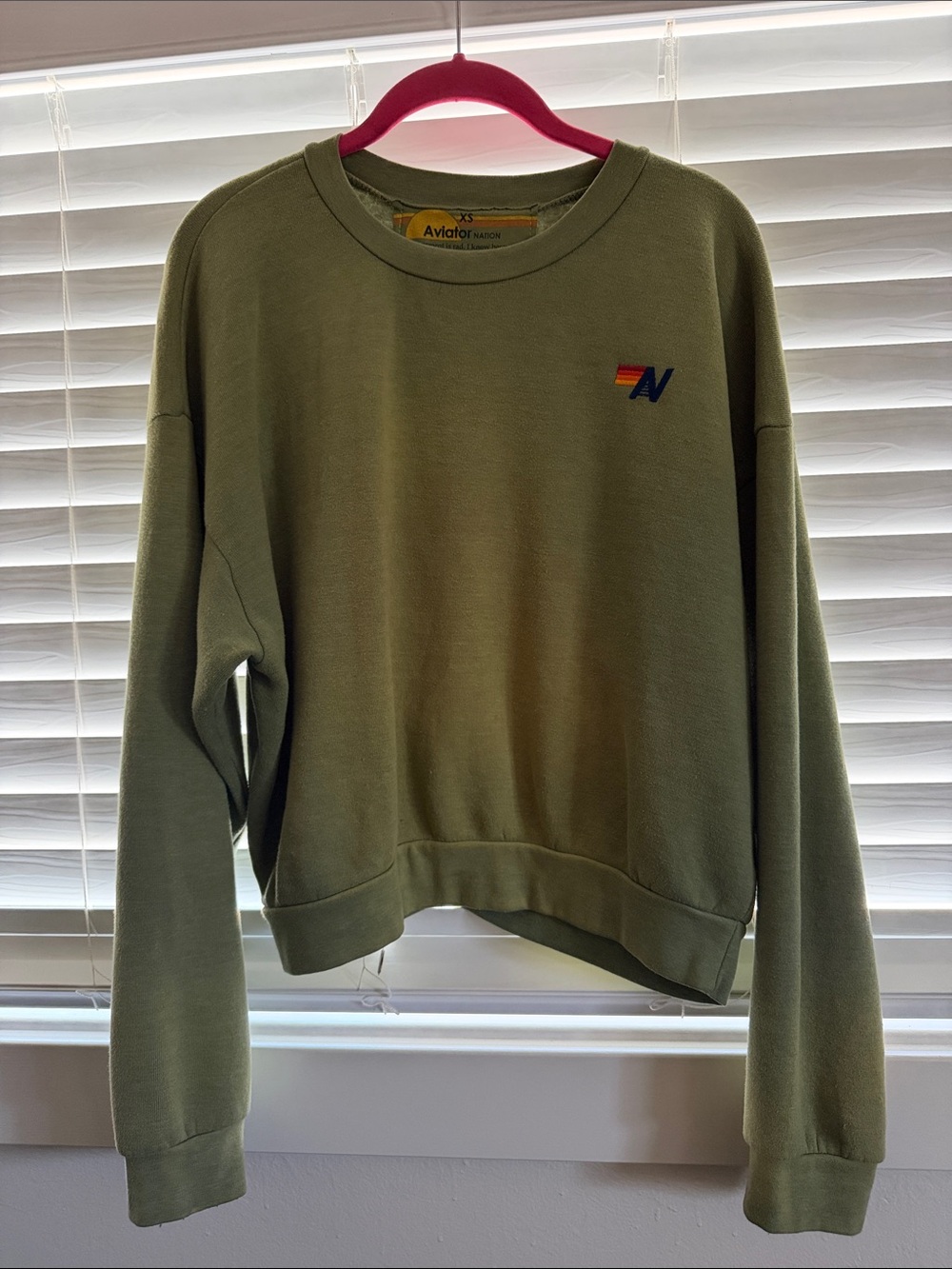 Aviator Nation Olive Green Crewneck Sweatshirt with Small Rainbow Logo